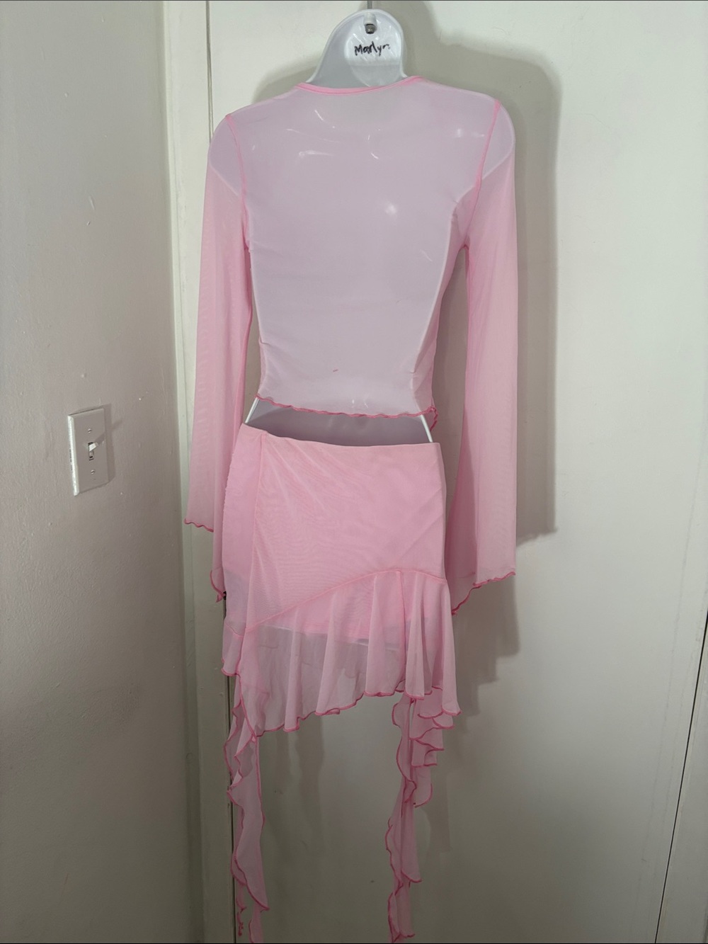 Sheer Pink Two-Piece Mesh Set with Ruffle Details - Picture 3 of 3